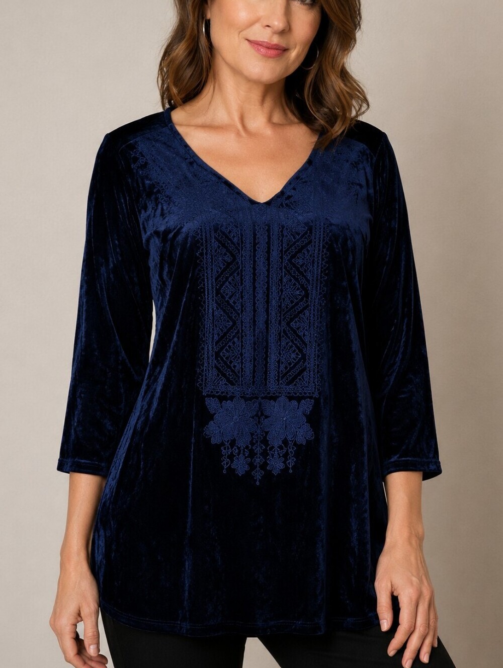 Andree BY UNIT Navy Blue Embroidered V-Neck Velvet Festival Blouse